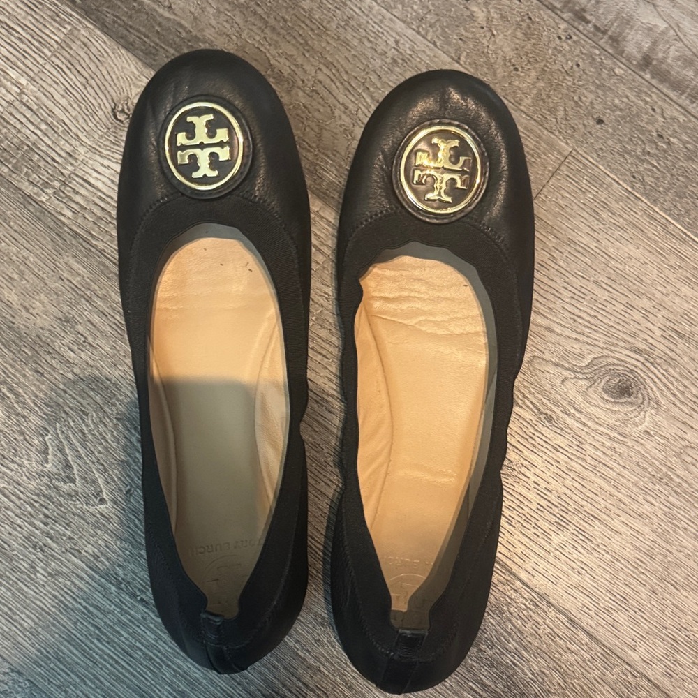 Tory Burch Black Leather Flats with Gold Logo